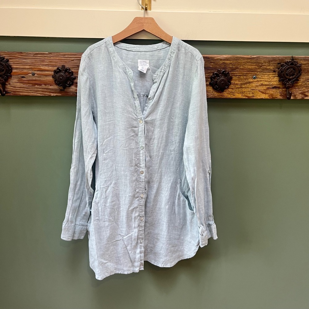 Sigrid Olsen Womens Light Blue 100% Linen Roll Tab Sleeve Tunic Top Small